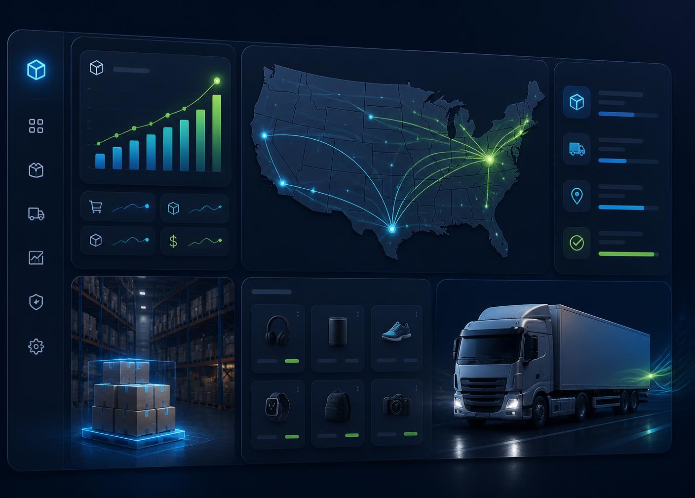 Vibeo Orbit BD warehouse dashboard showing US shipping routes, live order analytics, and same-day fulfillment
